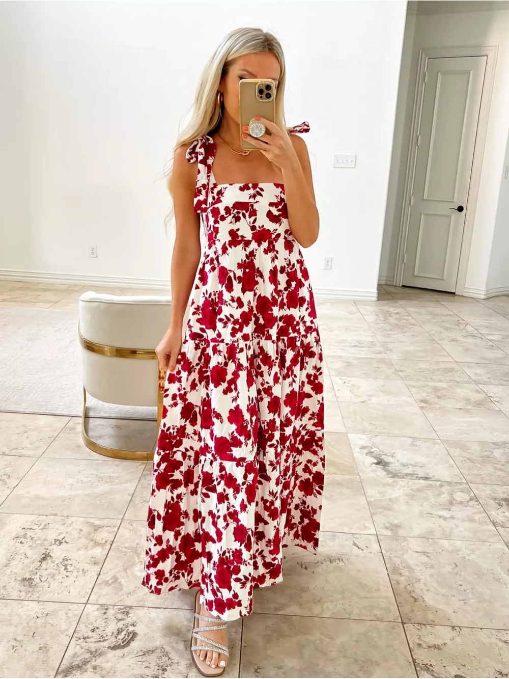 Buddy Love White Maxi Dress with Red Floral Print and Tie Shoulders